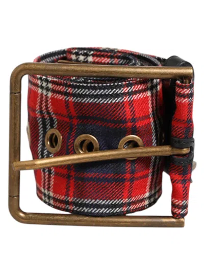 Dolce & Gabbana Red Plaid Fabric Logo Plate Brass Buckle Men's Belt