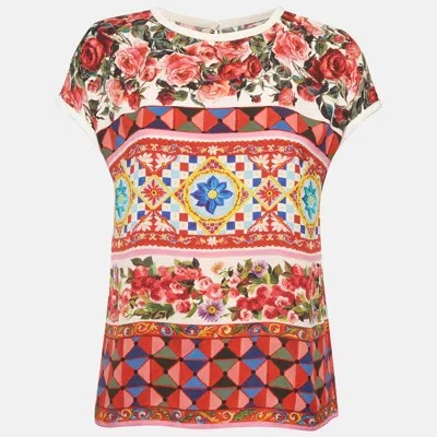 Pre-owned Dolce & Gabbana Red Printed Silk Blend Shirt Sleeve Top M