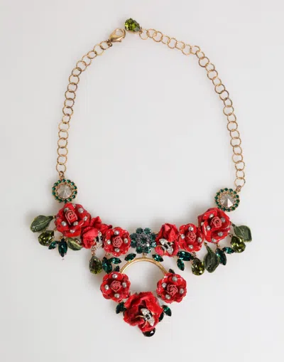 Dolce & Gabbana Red Rose Floral Crystal Embellished Statement Jewelry Necklace In Gold