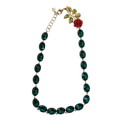 Pre-owned Dolce & Gabbana Red Rose Green Crystal Gold-tone Chain Women's Necklace ()