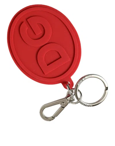 Dolce & Gabbana Red Rubber Dg Logo Silver Brass Metal Keyring Keychain