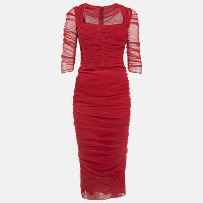 Pre-owned Dolce & Gabbana Red Ruched Stretch Tulle Midi Dress M