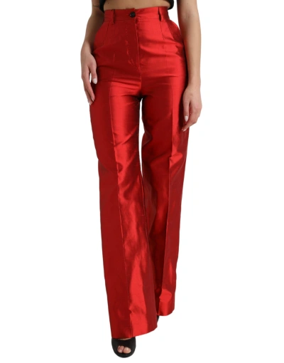 Dolce & Gabbana Red Satin Silk High Waist Wide Leg Pants