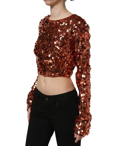Dolce & Gabbana Red Sequined Long Sleeves Crop Blouse Top In Brown