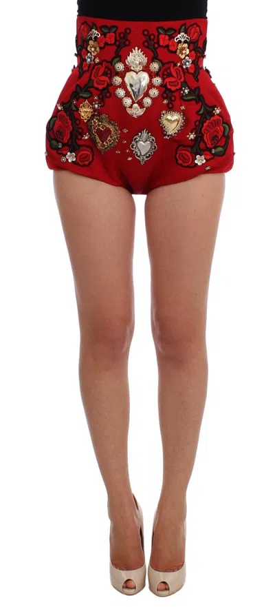 Dolce & Gabbana Red Silk Crystal-embellished Mini Shorts
