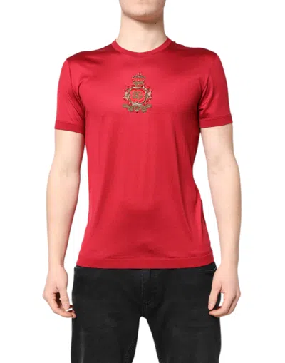 Pre-owned Dolce & Gabbana Red Silk Dg Crown Logo Short Sleeve Men's T-shirt ()