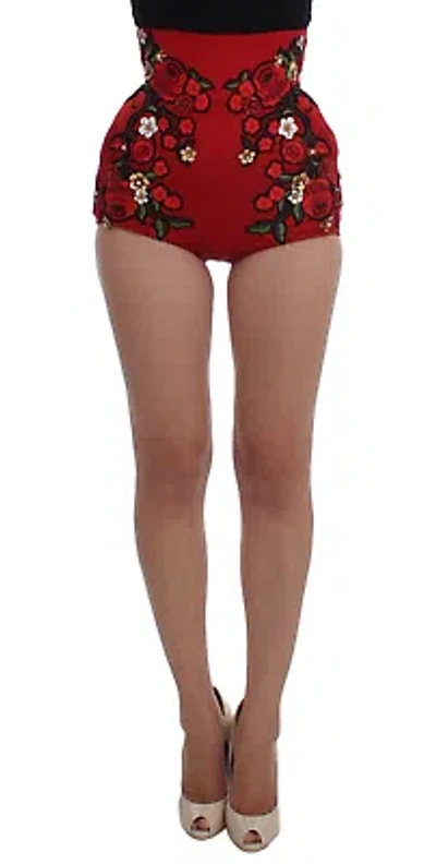 Pre-owned Dolce & Gabbana Glamorous Red Silk Floral Embroidered Shorts