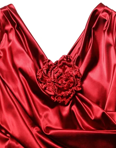 Dolce & Gabbana Red Silk Satin Draped Midi Floral Applique Dress In Burgundy