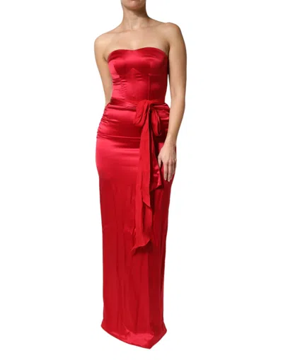 Pre-owned Dolce & Gabbana Red Silk Strapless Sheath Long Gown Women's Dress ()
