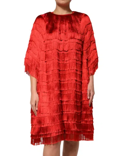 Dolce & Gabbana Silk Fringe Short-sleeve Knee-length Dress In Red