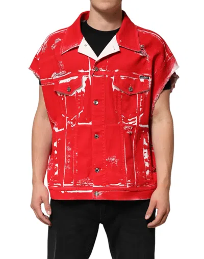 Pre-owned Dolce & Gabbana Red Sleeveless Logo Plaque Vest Men's Jacket ()