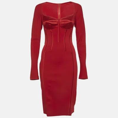 Pre-owned Dolce & Gabbana Red Stretch Knit And Satin Long Sleeves Corset Dress S