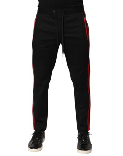 Dolce & Gabbana Red Stripe Cotton Logo Jogger Sweatpants Pants In Black