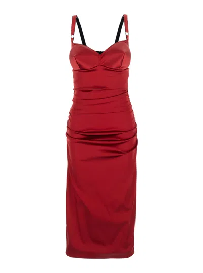 DOLCE & GABBANA RED SWEET HEART NECK MIDI DRESS