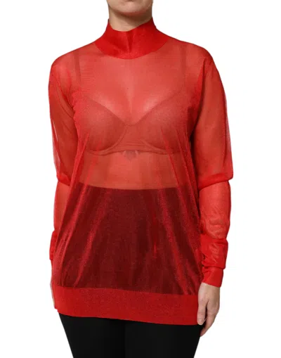 Pre-owned Dolce & Gabbana Red Tulle Turtleneck Long Sleeve Blouse Women's Top ()