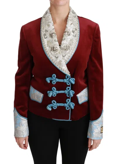 Dolce & Gabbana Red Velvet Baroque Crystal Blazer Women's Jacket In Burgundy