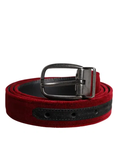 Dolce & Gabbana Red Velvet Black Metal Buckle Logo Men's Belt