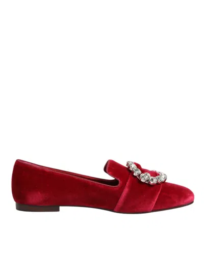 Dolce & Gabbana Red Velvet Crystal Buckle Loafers Flats Shoes In Animal Print
