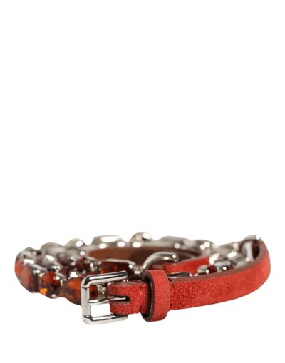 Dolce & Gabbana Red Velvet Crystals Chain Embellished Women's Belt