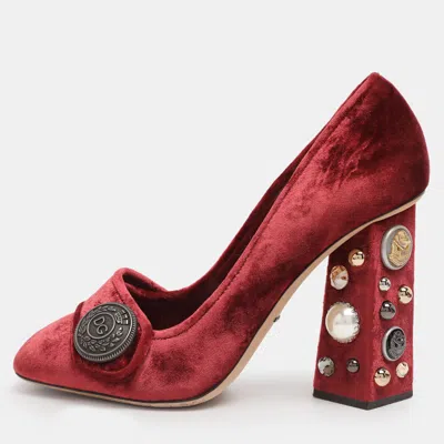 Pre-owned Dolce & Gabbana Red Velvet Jackie Embellished Block Heel Pumps Size 39