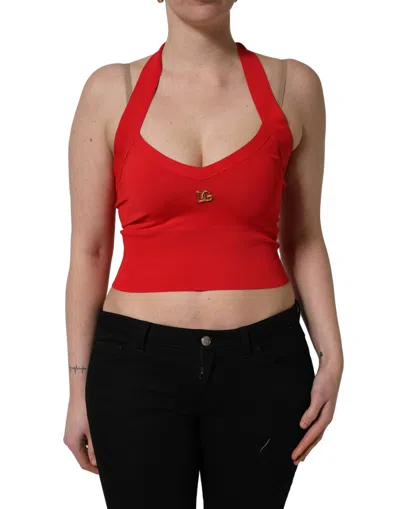 Pre-owned Dolce & Gabbana Red Viscose Sleeveless Halter Crop Tank Women's Top ()