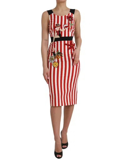 DOLCE & GABBANA DOLCE & GABBANA RED WHITE FLORAL SLEEVELESS SHEATH MIDI WOMEN'S DRESS
