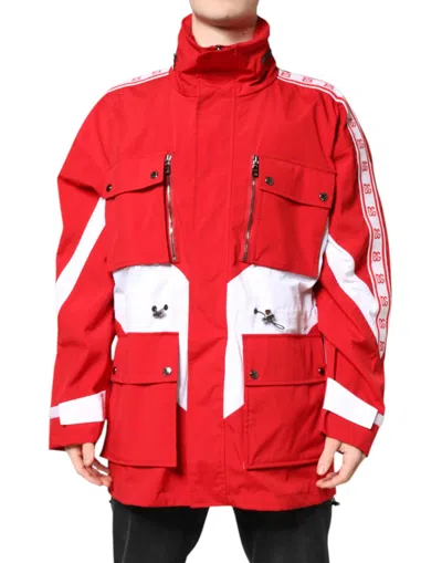 Pre-owned Dolce & Gabbana Red White Nylon Full Zip Windbreaker Men's Jacket ()