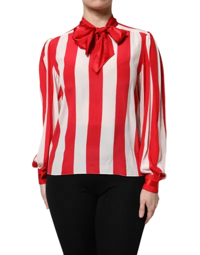 Dolce & Gabbana Red White Stripes Ascot Collar Blouse Women's Top In Multi