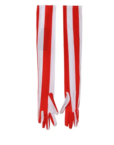 Dolce & Gabbana Red White Stripes Nylon Elbow Length Women Women's Gloves In White And Red