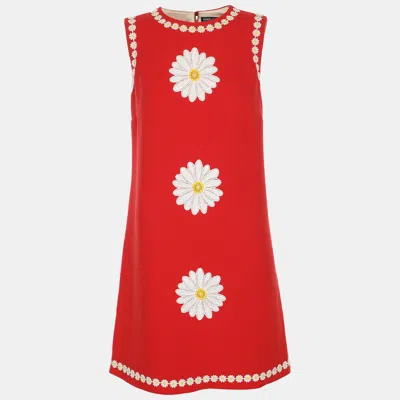 Pre-owned Dolce & Gabbana Red Wool Floral Applique Mini Dress S