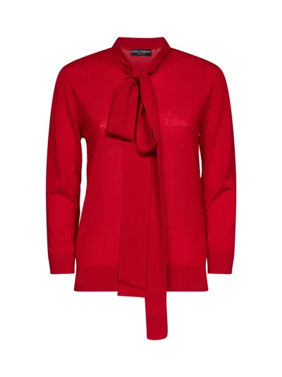 Dolce & Gabbana Red Wool Henley Sweater With Lavallière Tie