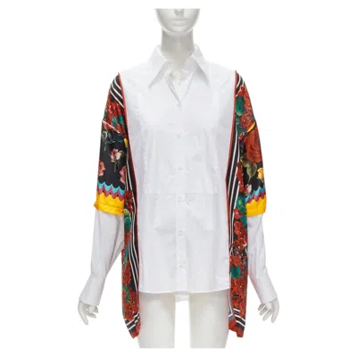 Pre-owned Dolce & Gabbana Dolce Gabbana Red Yellow Floral Scarf Silk Insert White High Low Shirt It38 Xs