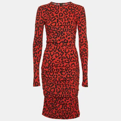 Pre-owned Dolce & Gabbana Red/black Animal Print Stretch Knit Ruched Midi Dress M