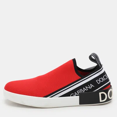 Pre-owned Dolce & Gabbana Red/black Knit Fabric Portofino Slip On Sneakers Size 40