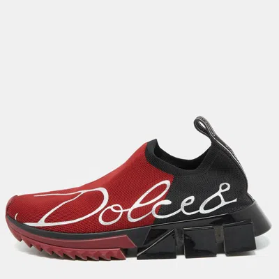 Pre-owned Dolce & Gabbana Red/black Knit Fabric Sorrento Slip On Sneakers Size 36