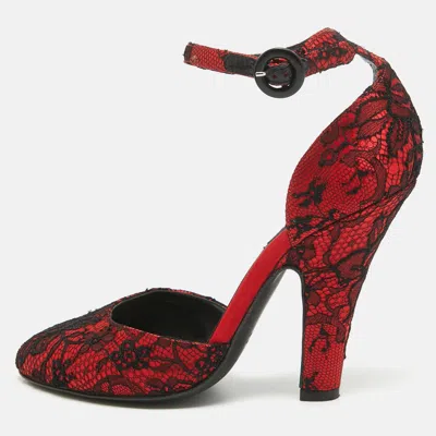 Pre-owned Dolce & Gabbana Red/black Lace And Mesh Ankle Strap Pumps Size 38