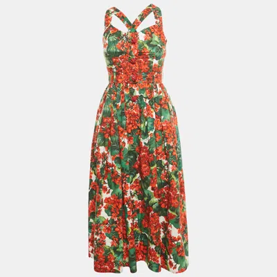 Pre-owned Dolce & Gabbana Red/green Floral Print Cotton Midi Dress S