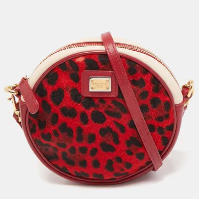 Pre-owned Dolce & Gabbana Red/pink Leopard Calfhair And Leather Round Crossbody Bag