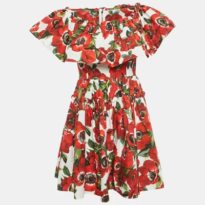 Pre-owned Dolce & Gabbana Red/white Floral Print Poplin Mini Dress M