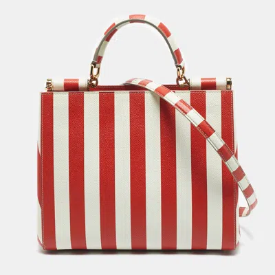 Pre-owned Dolce & Gabbana Red/white Leather Medium Miss Sicily Top Handle Bag