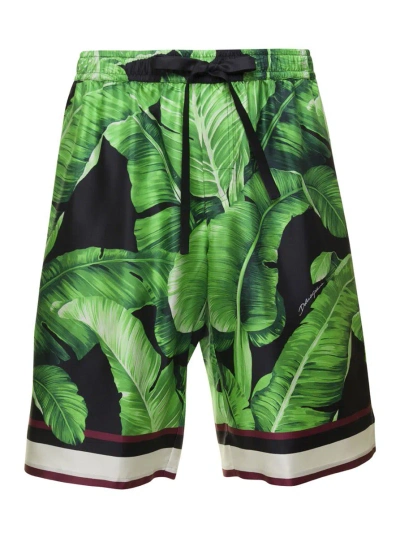 Dolce & Gabbana Leaves-print Silk Shorts In Green