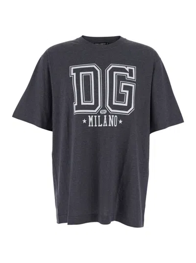 DOLCE & GABBANA GREY CREWNECK T-SHIRT WITH LOGO PRINT ON THE FRONT IN COTTON MAN