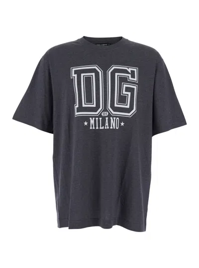 DOLCE & GABBANA GREY CREWNECK T-SHIRT WITH LOGO PRINT ON THE FRONT IN COTTON MAN