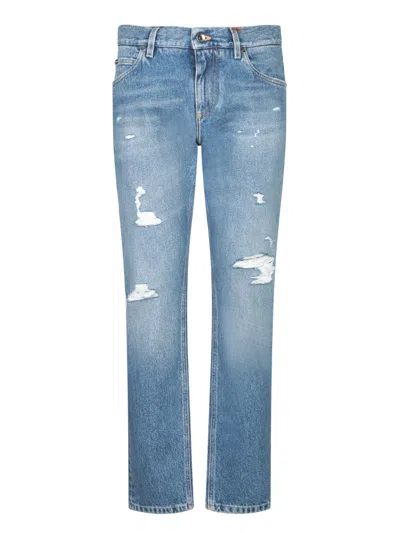 Dolce & Gabbana Regular Fit Rip Knee Light Blue Jeans In Black