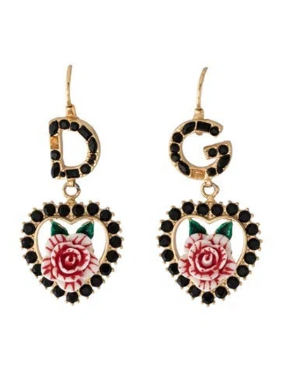 Pre-owned Dolce & Gabbana Resin, Enamel, & Crystal Floral Drop Earrings In Black/green/red