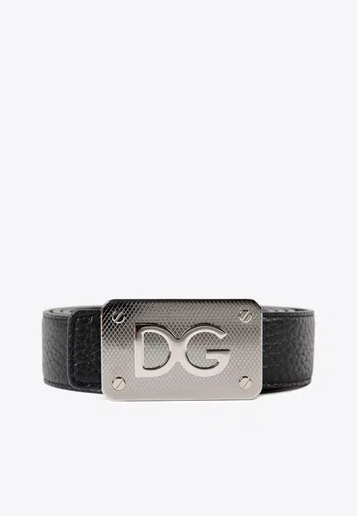 Dolce & Gabbana Reversible Grained-leather Belt In Black