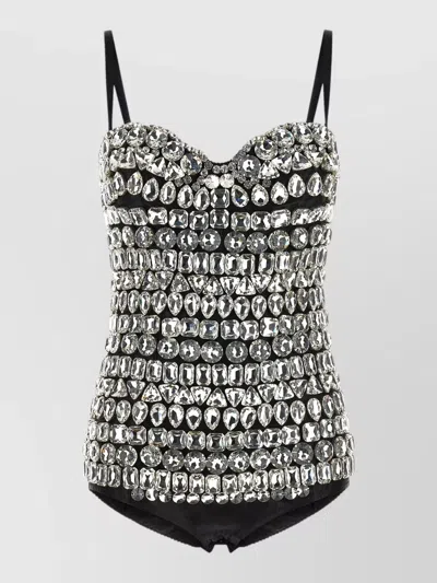 Dolce & Gabbana Rhinestone Bodysuit Adjustable Straps Sweetheart Neckline In Black