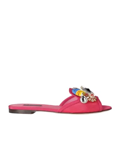 Dolce & Gabbana Rhinestone Decorated Basic Color Flat Slippers In Pink