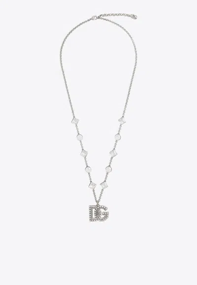 Dolce & Gabbana Rhinestone Dg Logo Necklace In Silver