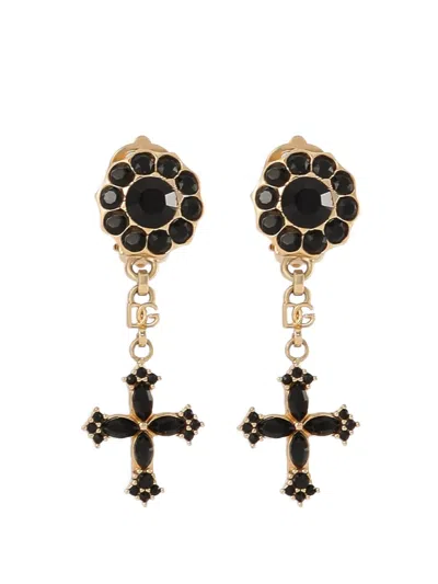 Dolce & Gabbana Black Crystal Cluster Cross Earrings In White